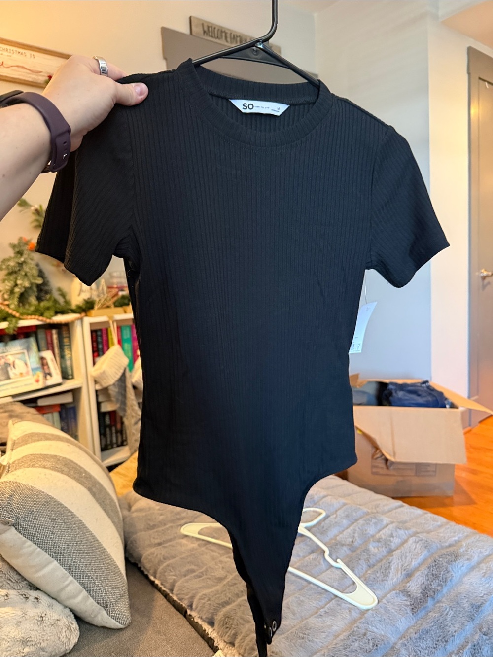 SO Black Ribbed Short-Sleeve Bodysuit